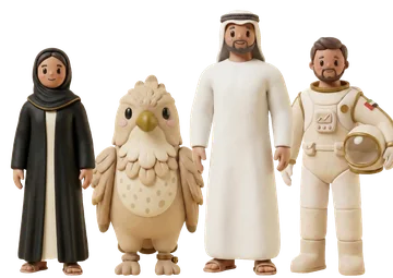 The four SouqView guides in clay: Noor, Barq, Zayed and Astro