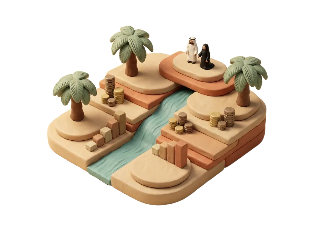 A clay oasis with palm trees, terraces and a flowing water channel
